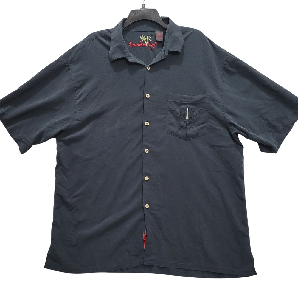 Bamboo Cay Mens XL World Paradise Series Baseball Embroidered Camp Shirt Black